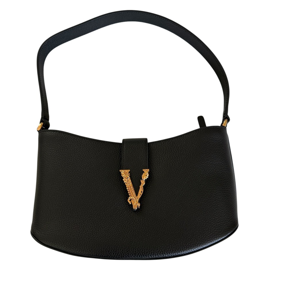 Versace Virtus‎ Small Hobo Bag Black Grained Leather Gold Barocco V